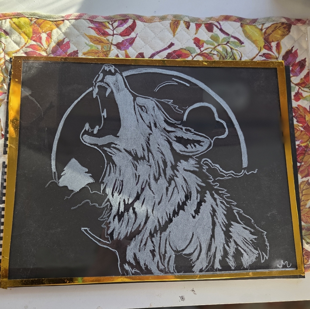 "HOWLING WOLF" HAND Etched With Dremil 11 X 14 Gold Trimmed Hanging glass